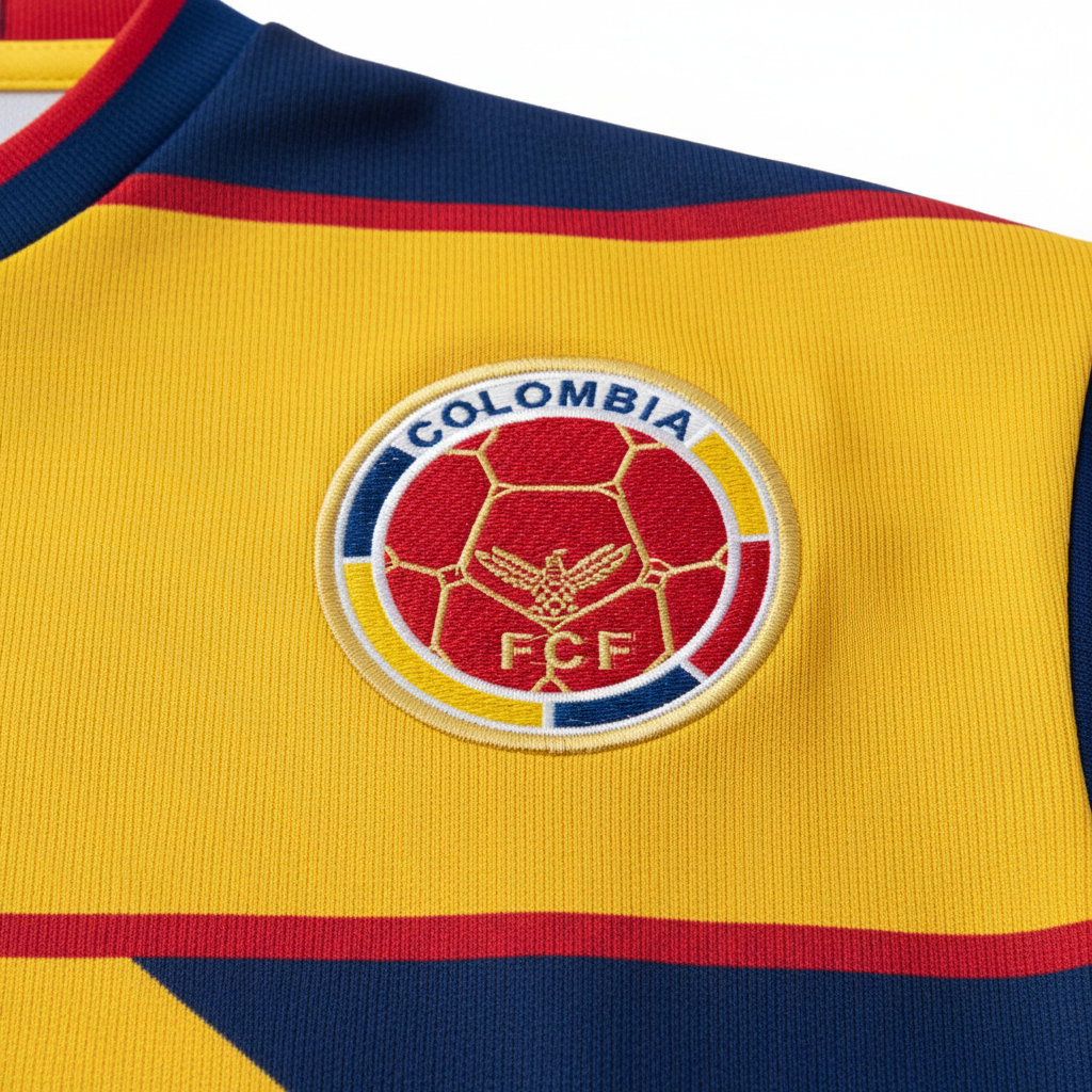 Detalle escudo y tela camiseta Colombia Mundial 2026